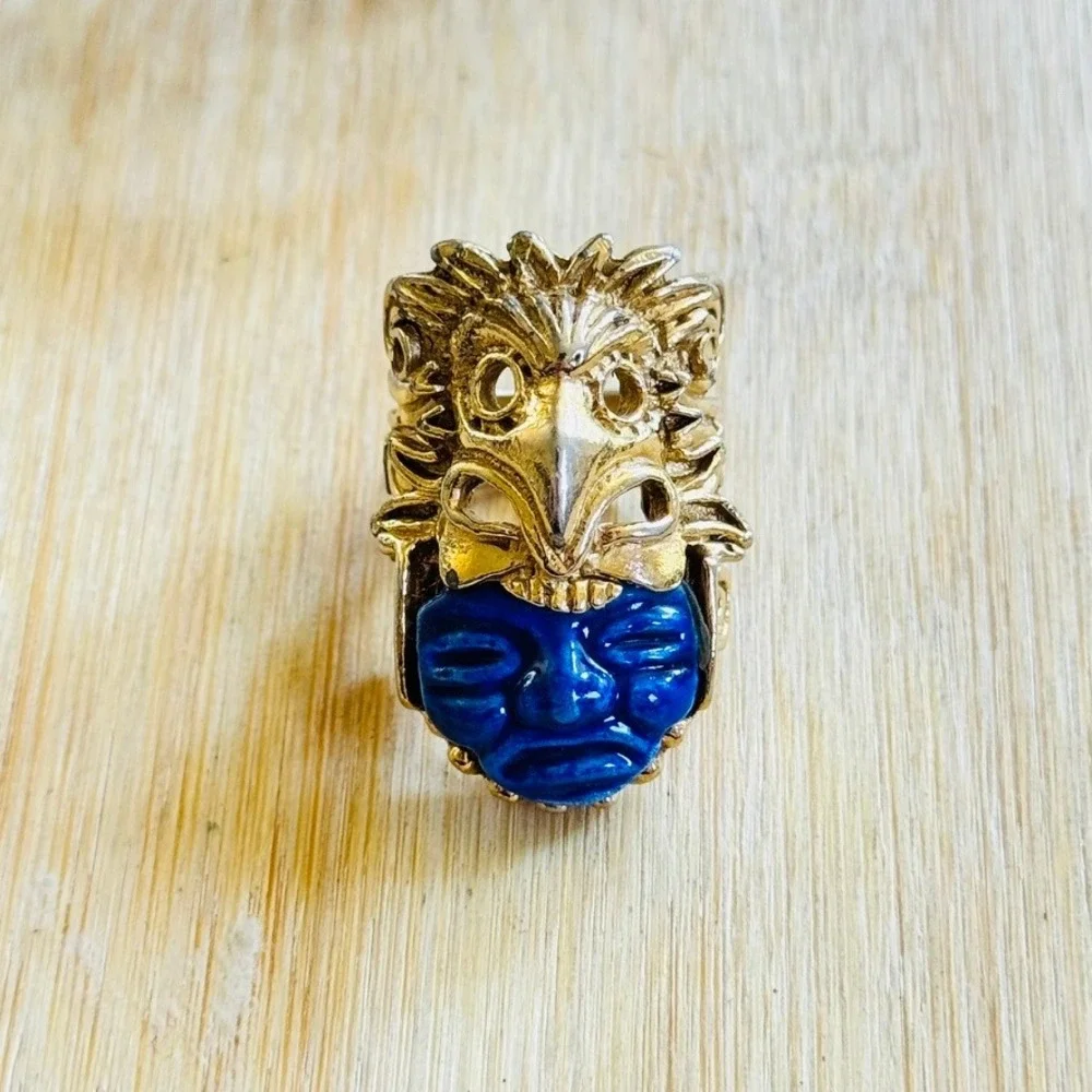 Salvador Teran Marbel Aztec Eagle Warrior Ring Statement Motif Modernist 50s sz7